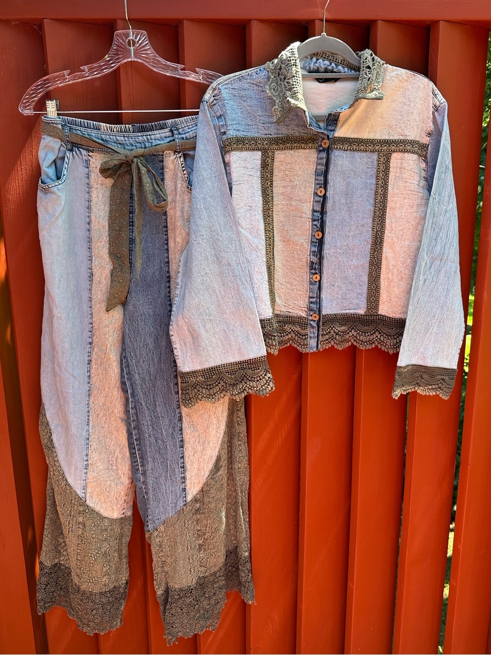 NWOT Young Threads Boho Patchwork Jacket/Top & Pants! - Blue/Olive Size Large